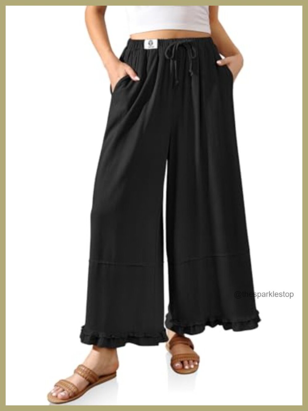 Linen Wide Leg Palazzo Pants Ruffle Hem Cropped Drawstring Beach